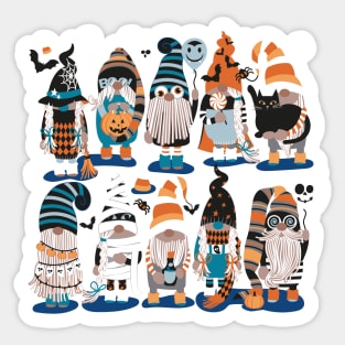 Boo-tiful gnomes // cobalt blue background fun little creatures black grey pastel blue and orange dressed for halloween Sticker